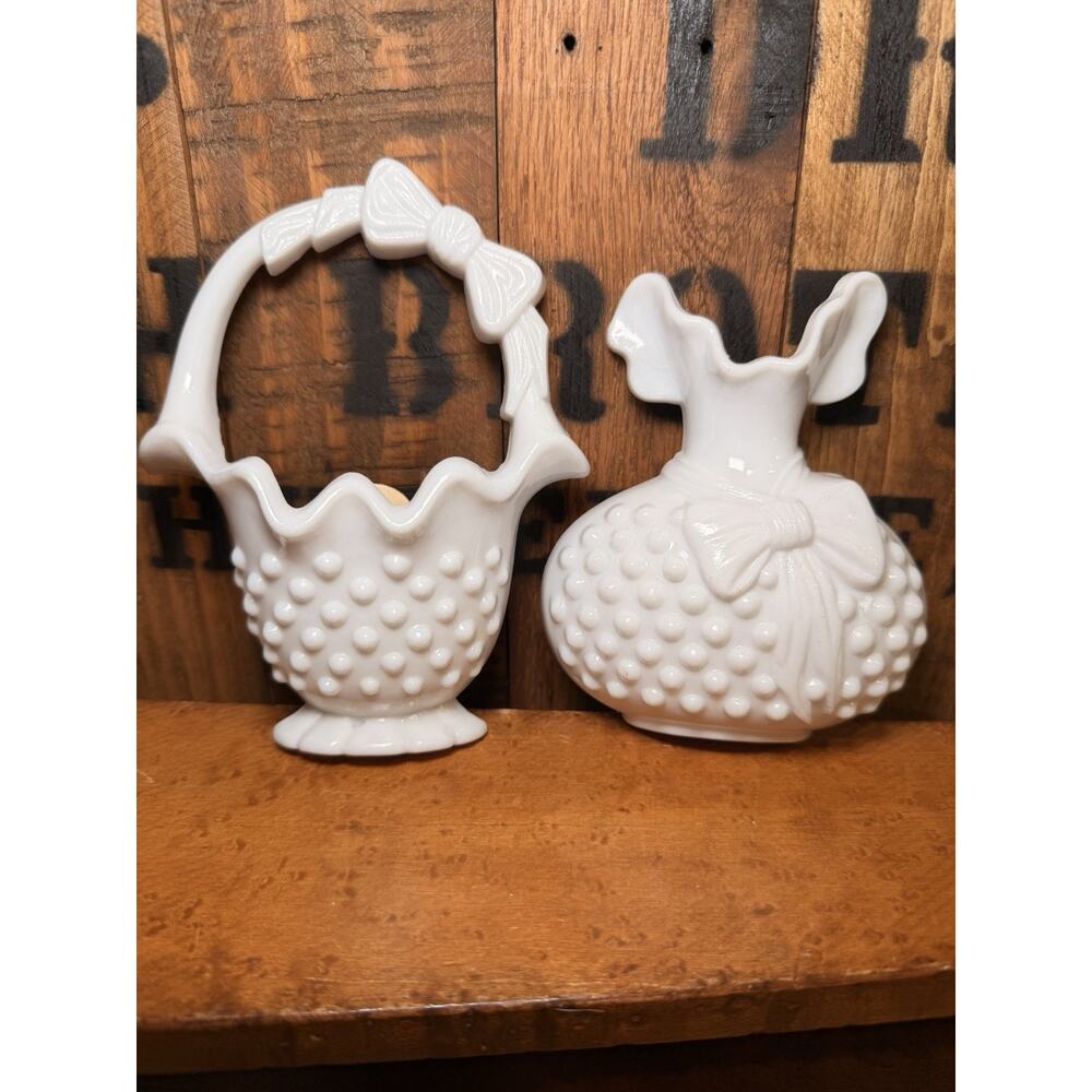 Vintage Burwood Wall Hangings (2) White Hobnail Design Dress With Bow And Basket